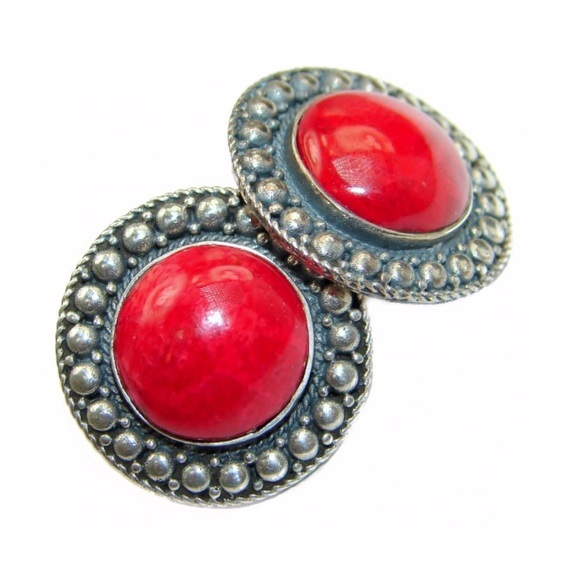925 STERLING SILVER FOSSILIZED RED CORAL EARRING - Picture 1 of 5